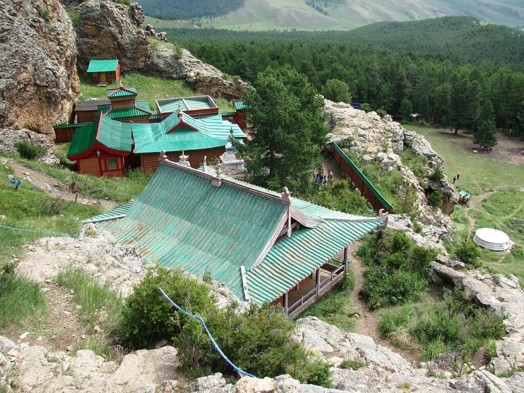 Tovkhon Khiid monastery on forested hilltop central Mongolia — UNESCO Heritage Karakorum Tour