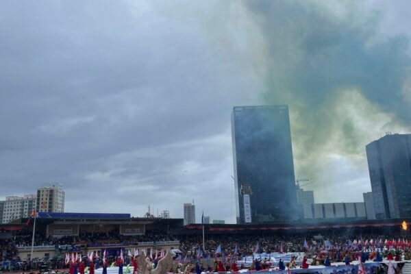 Naadam Festival 2026 opening ceremony at the National Central Stadium in Ulaanbaatar with ceremonial smoke