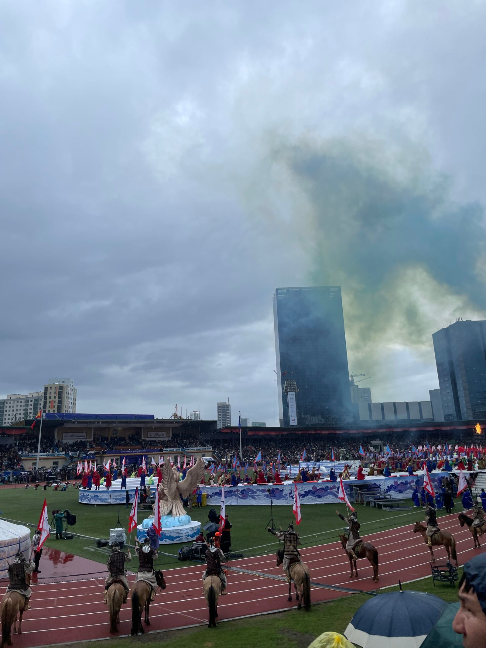 Naadam Festival 2026 opening ceremony at the National Central Stadium in Ulaanbaatar with ceremonial smoke
