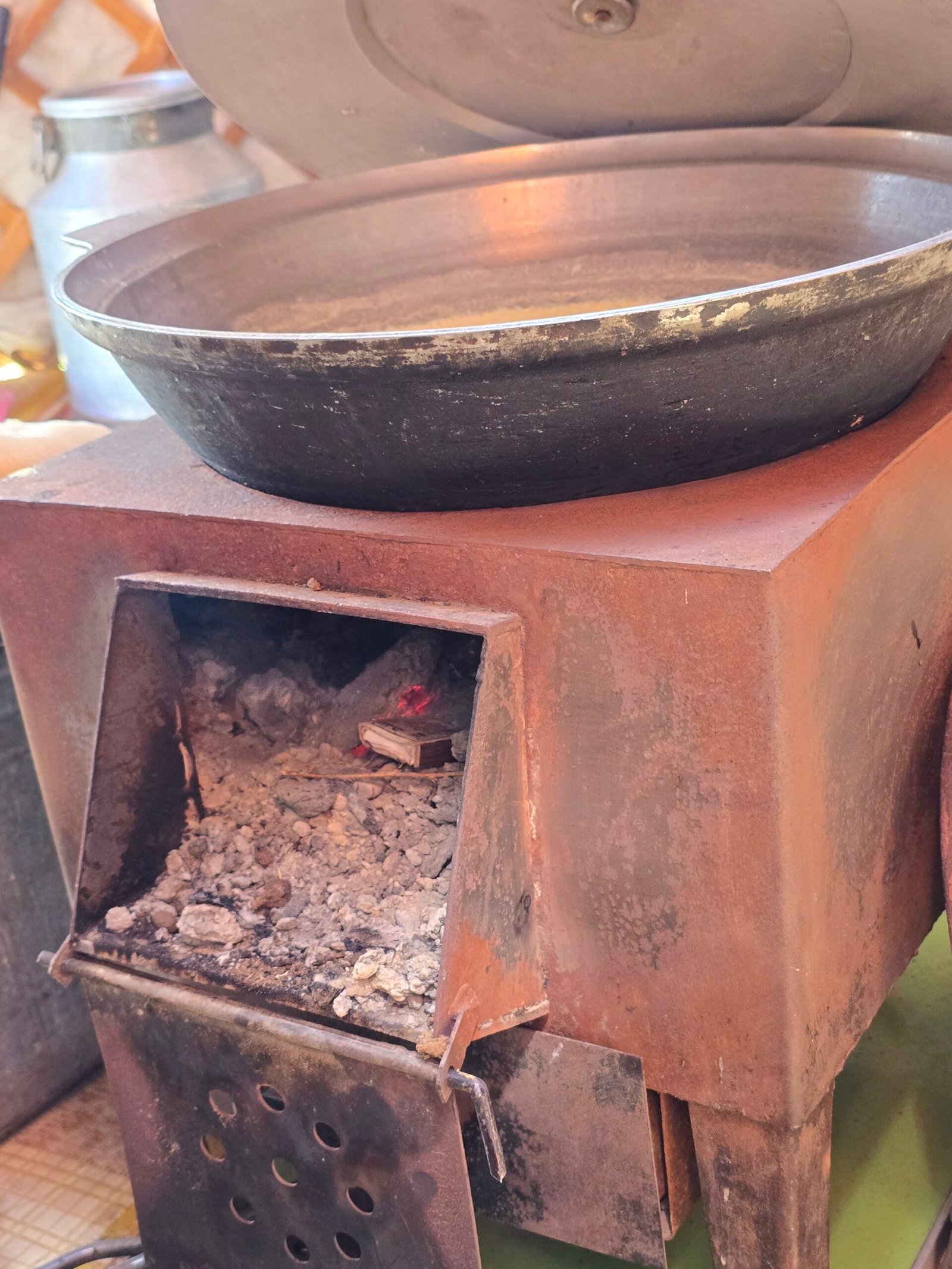 Traditional metal stove and furnace inside a Mongolian ger used for cooking and heating