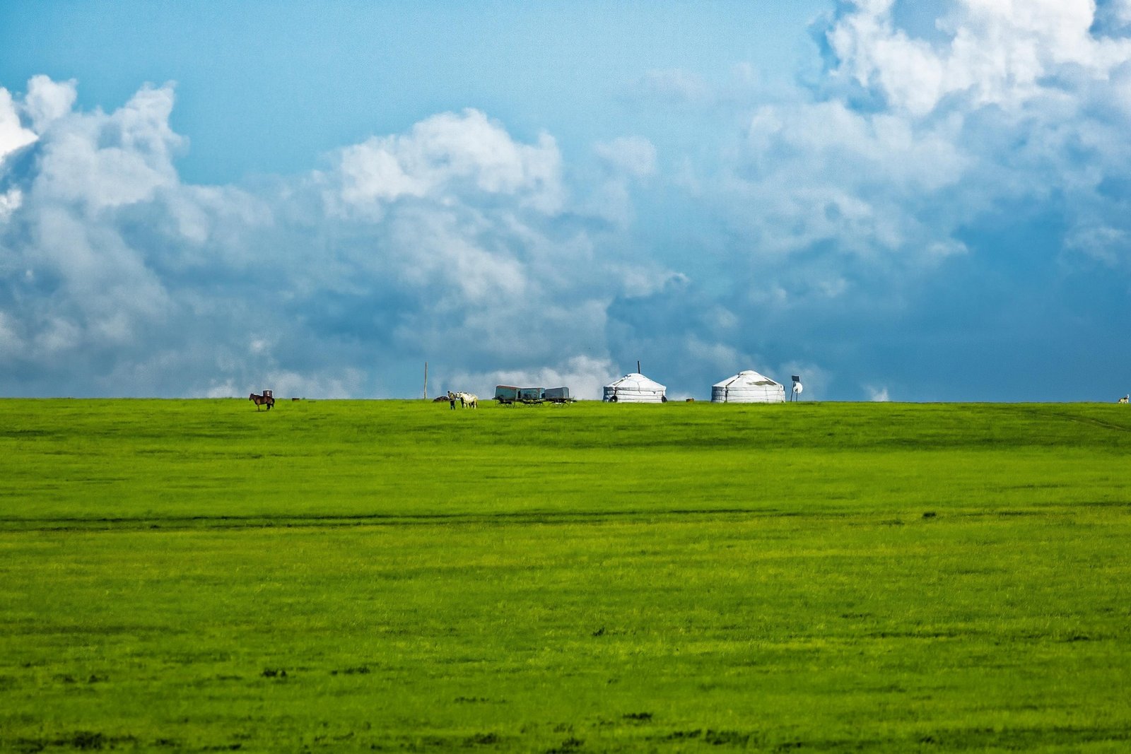 Mongolian ger camp on the vast green steppe with dramatic cloud formations