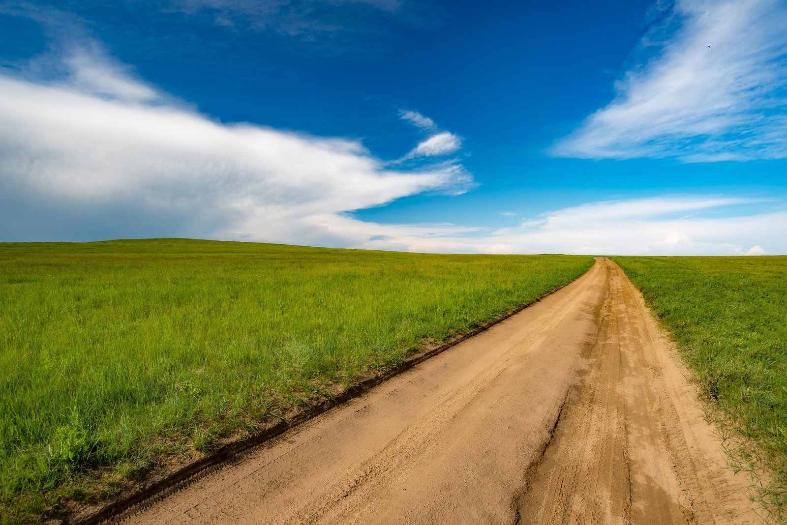 Dirt road crossing the Gobi steppe under a vast blue sky, Mongolia travel itinerary