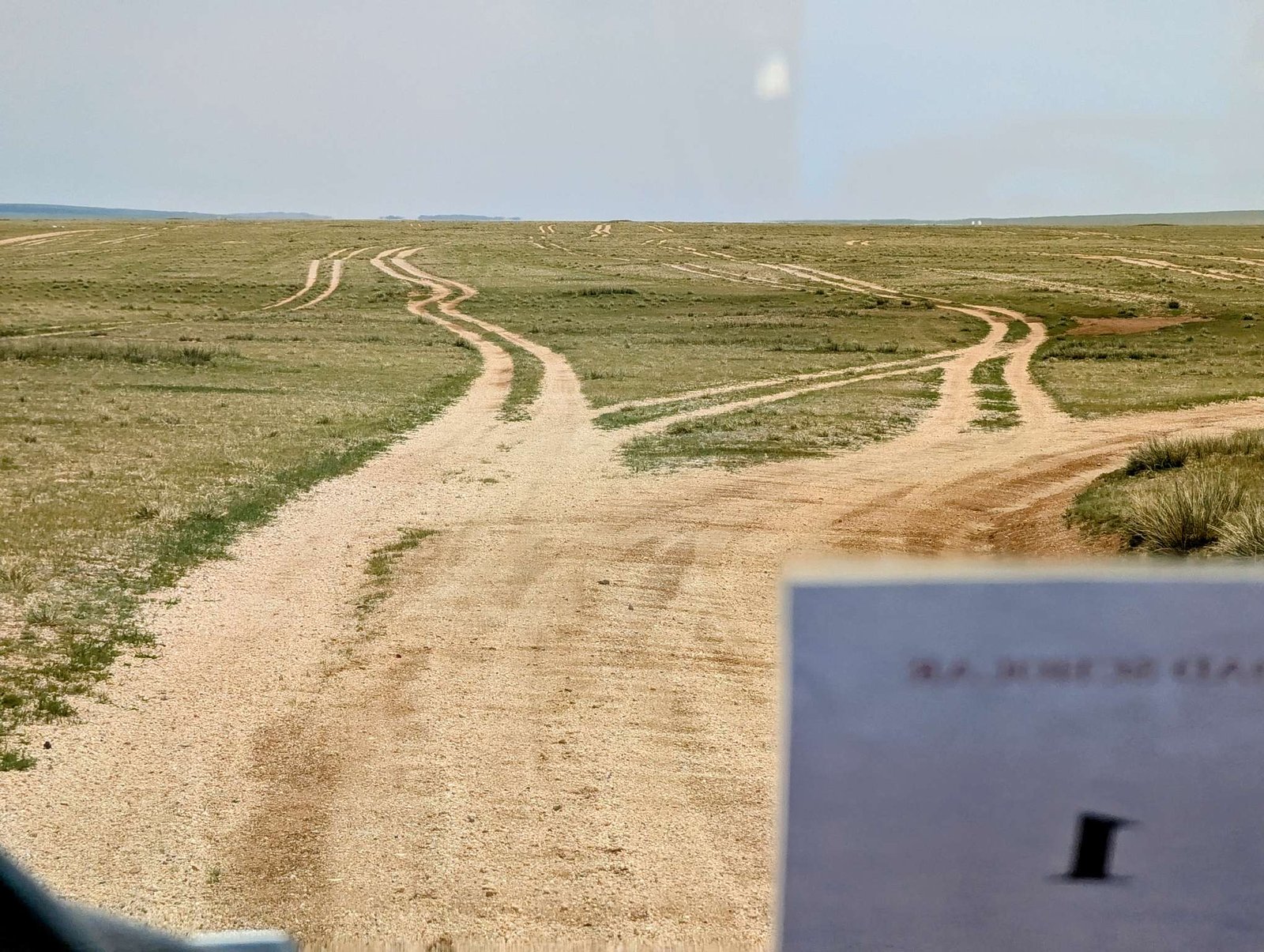 Dirt tracks diverging across the vast Mongolian steppe toward distant mountains -- Mongolia travel insurance