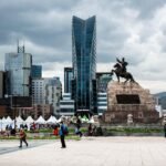 Sukhbaatar Square statue and city skyline Ulaanbaatar Mongolia