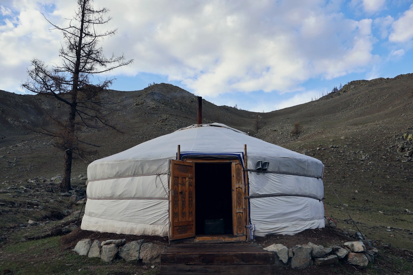 A ger on the open Mongolian steppe representing nomadic herding life