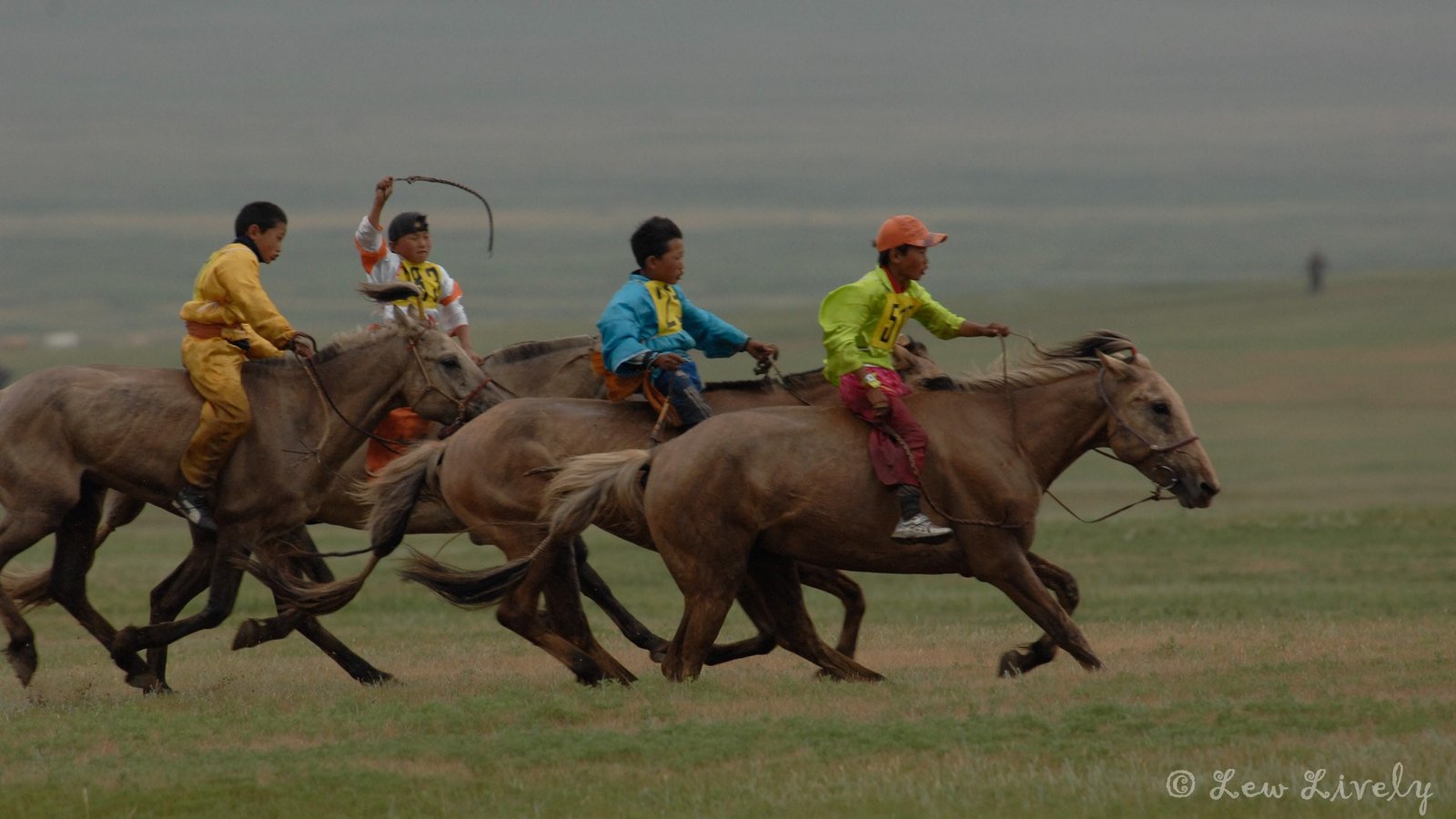 Young Mongolian jockeys race horses across the steppe at Naadam