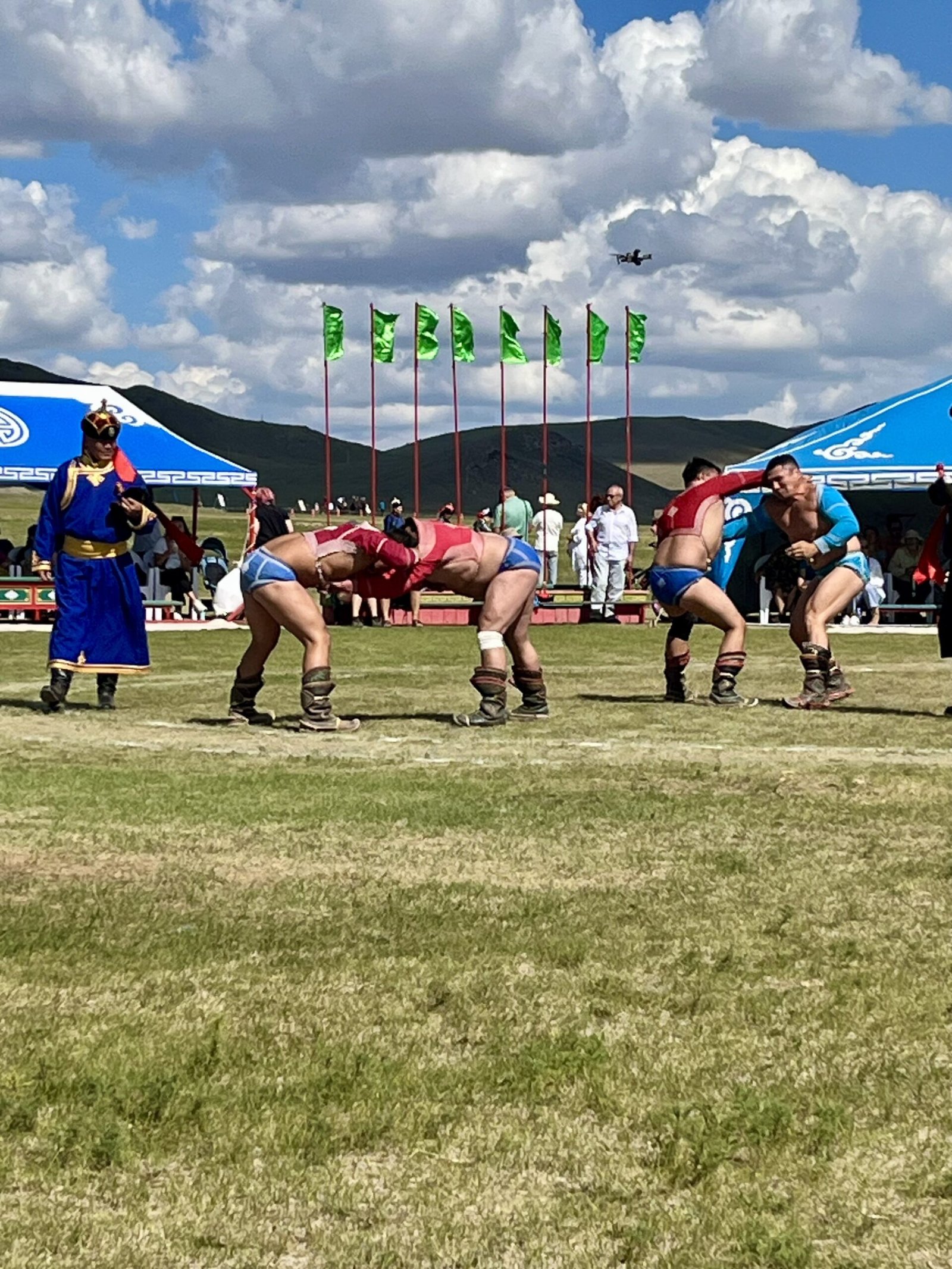 Mongolian wrestlers grappling on a green field at a countryside Naadam